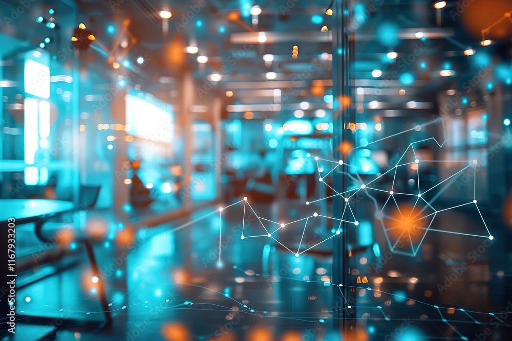 Poster abstract network connection in modern office space. blurry background with glowing lights and nodes.