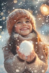 Fototapeta premium Joyful girl playing in the snow while holding a snowball during a winter evening in a snow-covered landscape