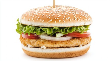 Delicious Vegan Cheeseburger on Wooden Skewer against Clean White Background - Culinary Cinematic Composition with Ultra-Detailed Styling