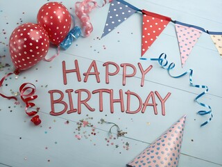 Obraz premium Festive Birthday Celebration Background with Party Hat, Balloons, and Colorful Decorations.
