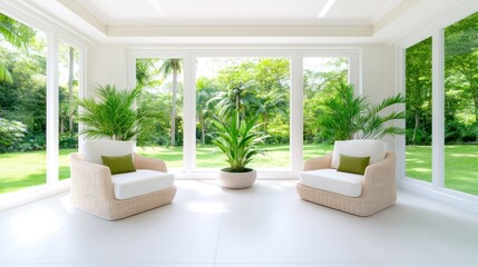 Naklejka premium Bright sunroom with plants and comfortable seating for relaxation.
