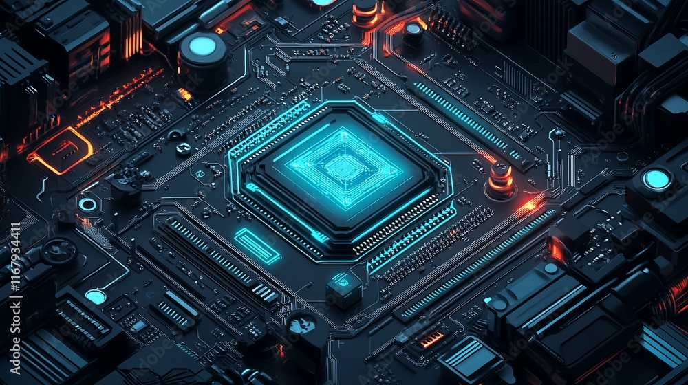 Poster close-up of a futuristic circuit board with glowing central processor.