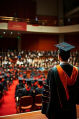 Graduate in cap and gown, facing audience at ceremony.