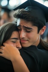 Naklejka premium Graduate embraces crying loved one; tender, emotional moment.