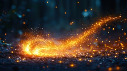 Glowing embers trail across dark ground, creating a magical, swirling effect.