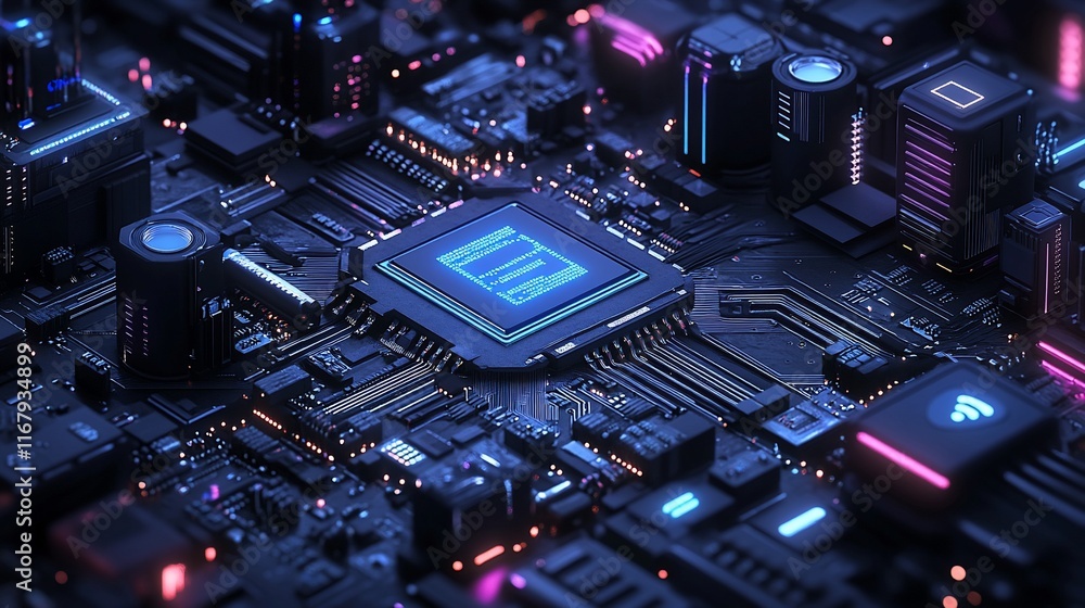 Poster close-up of a futuristic computer motherboard with glowing components and a central processor.