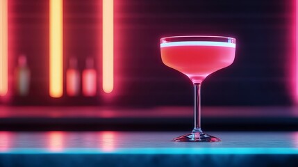 Close-up of a cocktail glass with a glowing beverage, elegant reflections in a dimly lit bar in pink background