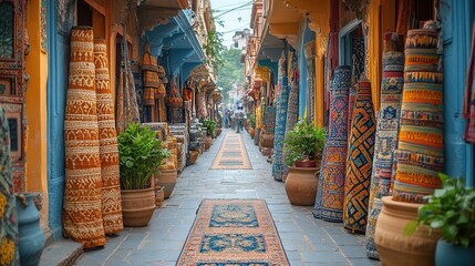 [Indian Street Market Scene] Vibrant Indian Street Market Scene with Colorful Stalls & Wooden Barrels Amid Bustling Crowds