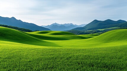 Fototapeta premium [Serene countryside landscape with mountains and green grass] Serene Countryside Landscape with Vast Green Fields and Dramatic Mountain Range Under Slightly Overcast Skies