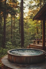 Relaxing in a wooden hot tub surrounded by tall trees in a tranquil forest setting during evening hours