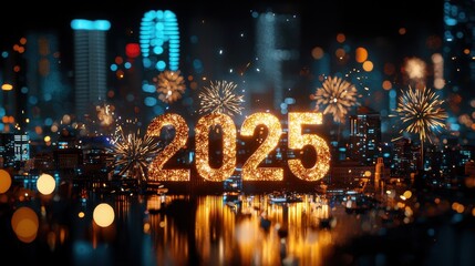 Sparkling Fireworks Light Up Modern Cityscape Celebrating New Year 2025 at Night