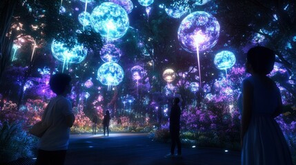 A digital art installation of floating, glowing orbs in an immersive park. People look up at the scene