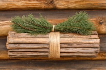 Obraz premium Natural Wooden Bundle Tied with Rope and Pine Sprig Decoration
