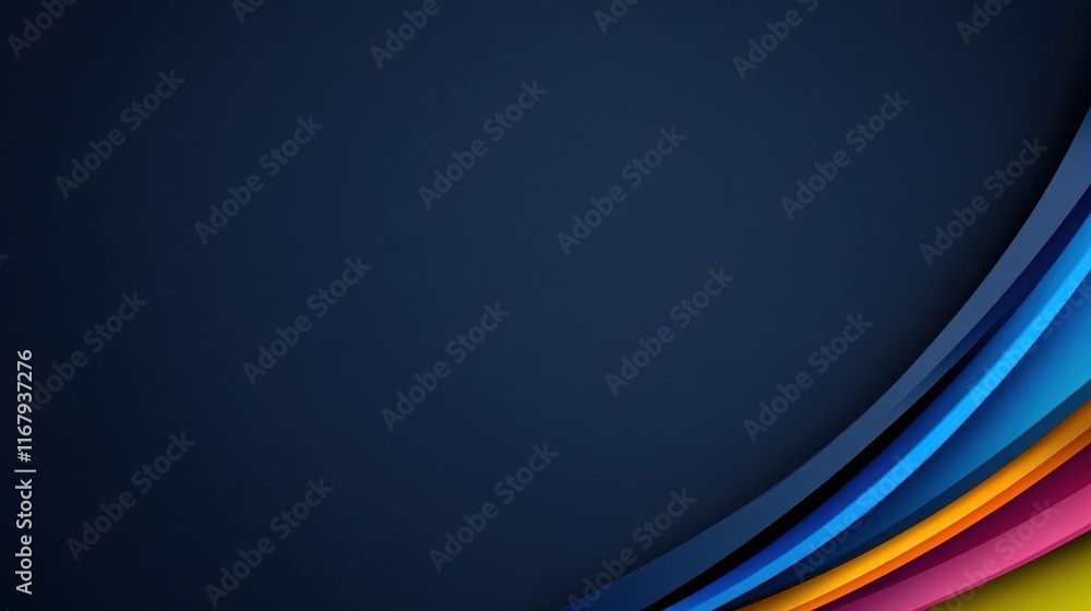Poster abstract design with colorful curves on a dark background.