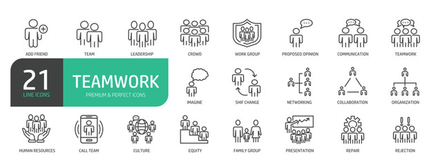 Teamwork line icon set. Collection of seminar, meeting, presentation, work group, Human Resources and more