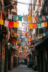 Naklejka premium Colorful flags strung alleyway, aged buildings, motorcycles.