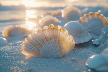 Close-up of Beautiful Seashells on a Shore with Soft Sunset Light