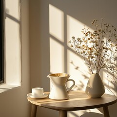 Minimalist coffee setup with sunlight and flowers, concept of simple living