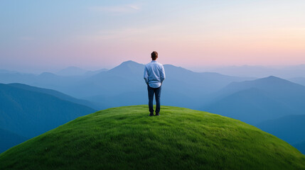 A man in a suit standing on top of a mountain