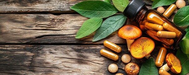 Herbal supplement capsules with mushrooms on wooden surface, promoting natural health and holistic remedies