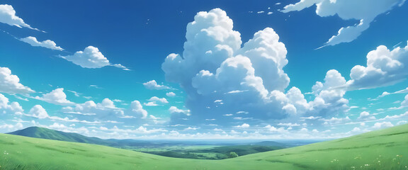 Fototapeta premium anime style grassland landscape background with cloudy sky, generative ai