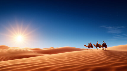 A desert scene at sunset, with camels and Bedouins traveling through the dunes