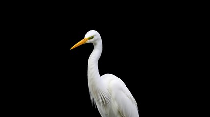 Obraz premium White egret with long neck and orange beak isolated on black background