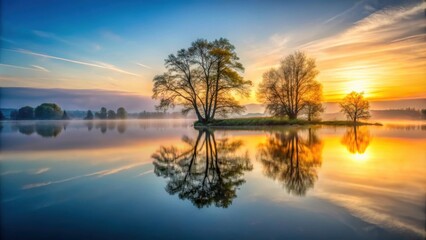 Fototapeta premium Tranquil sunrise over serene lake with tree reflections in still water, Sunrise, Tranquil, Lake, Serene, Reflections