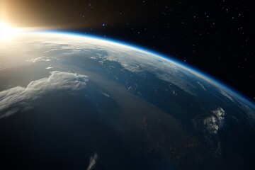 Fototapeta premium View of Earth from space, showcasing atmosphere and sunlight.