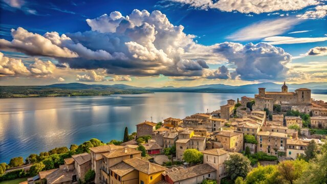 Beautiful panoramic view of Bracciano cloudscape over the historic town and lake , Bracciano, Italy, clouds, sky, panoramic