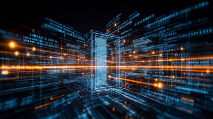 Obraz premium Digital Gateway to Innovation: Abstract digital landscape with glowing data streams and a futuristic portal, symbolizing technological advancement and boundless possibilities. 