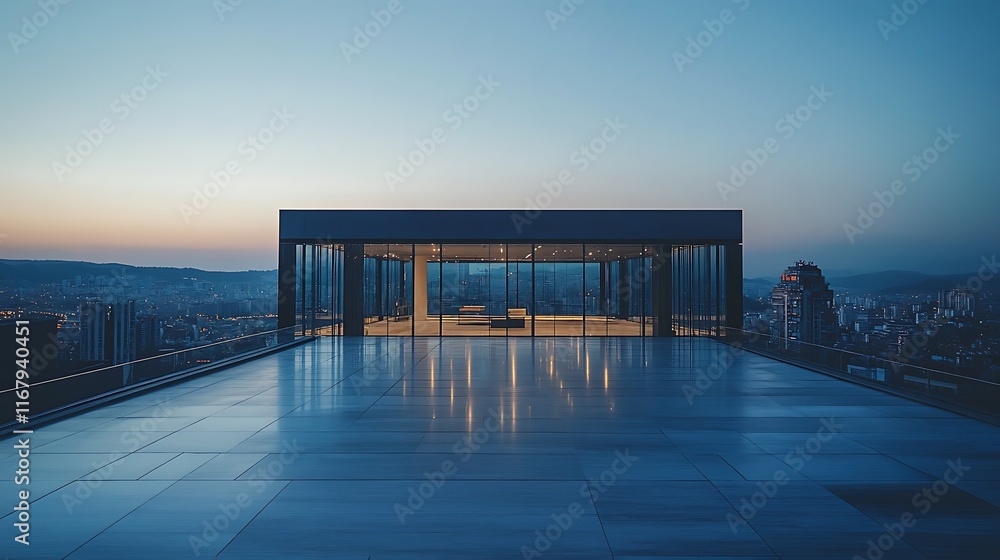Aufkleber rooftop architecture with sleek glass structures and open spaces set against a sprawling urban view