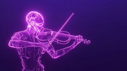 Fototapeta premium Neon Cyborg Violinist: Futuristic Cinematic Artwork with Luminous Data Strings