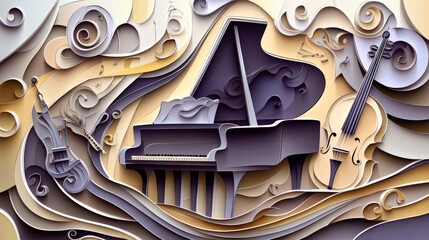 71.A beautifully crafted paper cut vector illustration of a classical music concert, with a grand piano at the center of the composition. Surrounding the piano are other classical instruments like