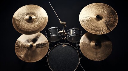 48.A dramatic high-quality image of a drum kit on stage, with the focus on the cymbals, bass drum, and snare, all set against a dark, moody background. The soft lighting from above casts shadows