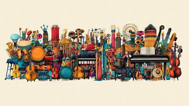 23.A detailed vector illustration of a long banner showcasing a wide variety of musical instruments from an orchestra, including drums, maracas, pianos, trumpets, guitars, and more. Each instrument