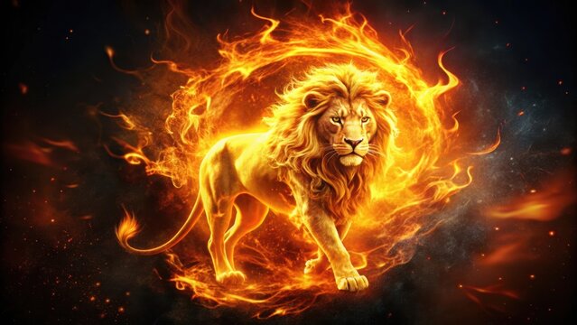 Astrological sign Leo engulfed in flames on a dark background,  , Leo, astrology, zodiac, fire, burning, black background