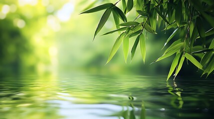 Serene Bamboo Reflection: Tranquil Water and Lush Greenery