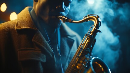 Obraz premium 84.A jazz saxophonist playing his alto saxophone on stage, surrounded by atmospheric lighting that adds to the intensity of the performance. The musicianâ€™s hands are skillfully playing the