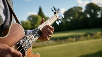 Fototapeta premium 12.A male musicianâ€™s hands playing an acoustic guitar, set against a beautiful nature backdrop with green fields, trees, and a clear blue sky. The image focuses on the hand pressing the strings,