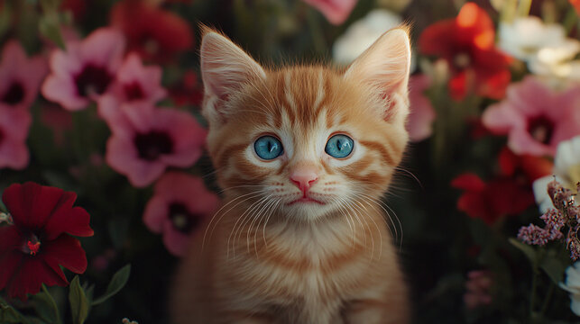 Close-up adorable orange tabby kitten blue eyes vibrant flower cute facial expression soft fur texture dreamy outdoor innocent cat ginger gaze look pet veterinary garden fluffy advertising marketing