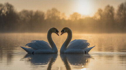 Two swans forming a heart shape with their necks, reflected on a calm lake.