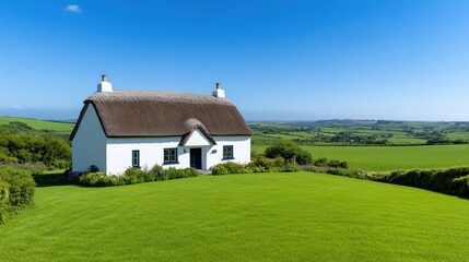 Charming thatched cottage surrounded by lush green landscape.