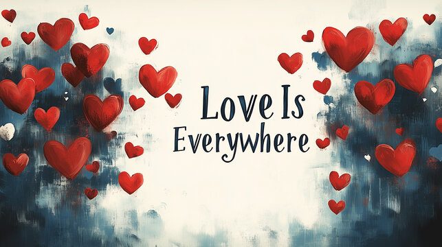 A modern graphic with bold red hearts and the words "Love Is Everywhere" in white.