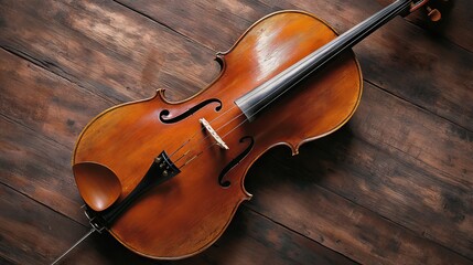97.A close-up of various musical instruments like a violin, cello, and flute, arranged on a rustic wooden surface. The wood&acirc;&euro;&trade;s grain creates a warm, natural background, complementing the elegance of