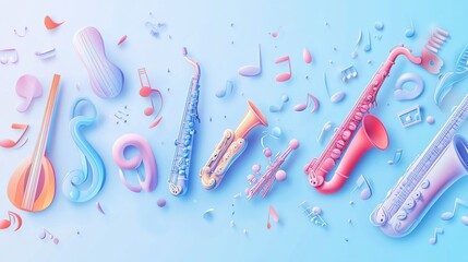 3.A vector graphic for World Music Day featuring various musical instruments like pianos, saxophones, trumpets, and violins, all outlined with smooth, colorful strokes against a soft blue background.