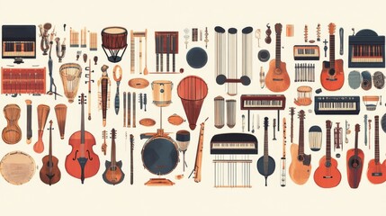 21.A vector illustration of a long, horizontal banner featuring a variety of musical instruments from an orchestra, including drums, maracas, triangles, bells, xylophones, tambourines, pianos,