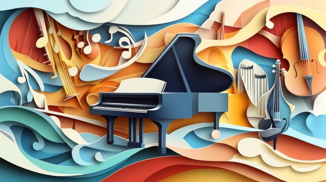 64.A vector illustration featuring a paper cut design of a classical music concert, with a grand piano as the central focus, surrounded by other musical instruments like a violin, flute, and trumpet.