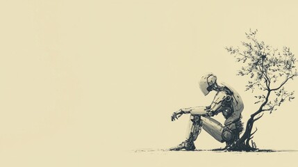 Naklejka premium Digital Future: Robot Kneeling Before Technological Tree - Ultra-Detailed Ink Illustration