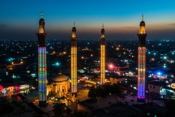 Obraz premium Illuminated mosque complex, night cityscape.